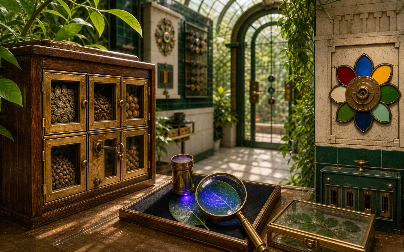 A botanical escape-room display with seed drawers, a brass key, UV leaf clue, magnifying lens, color dial, and specimen box.
