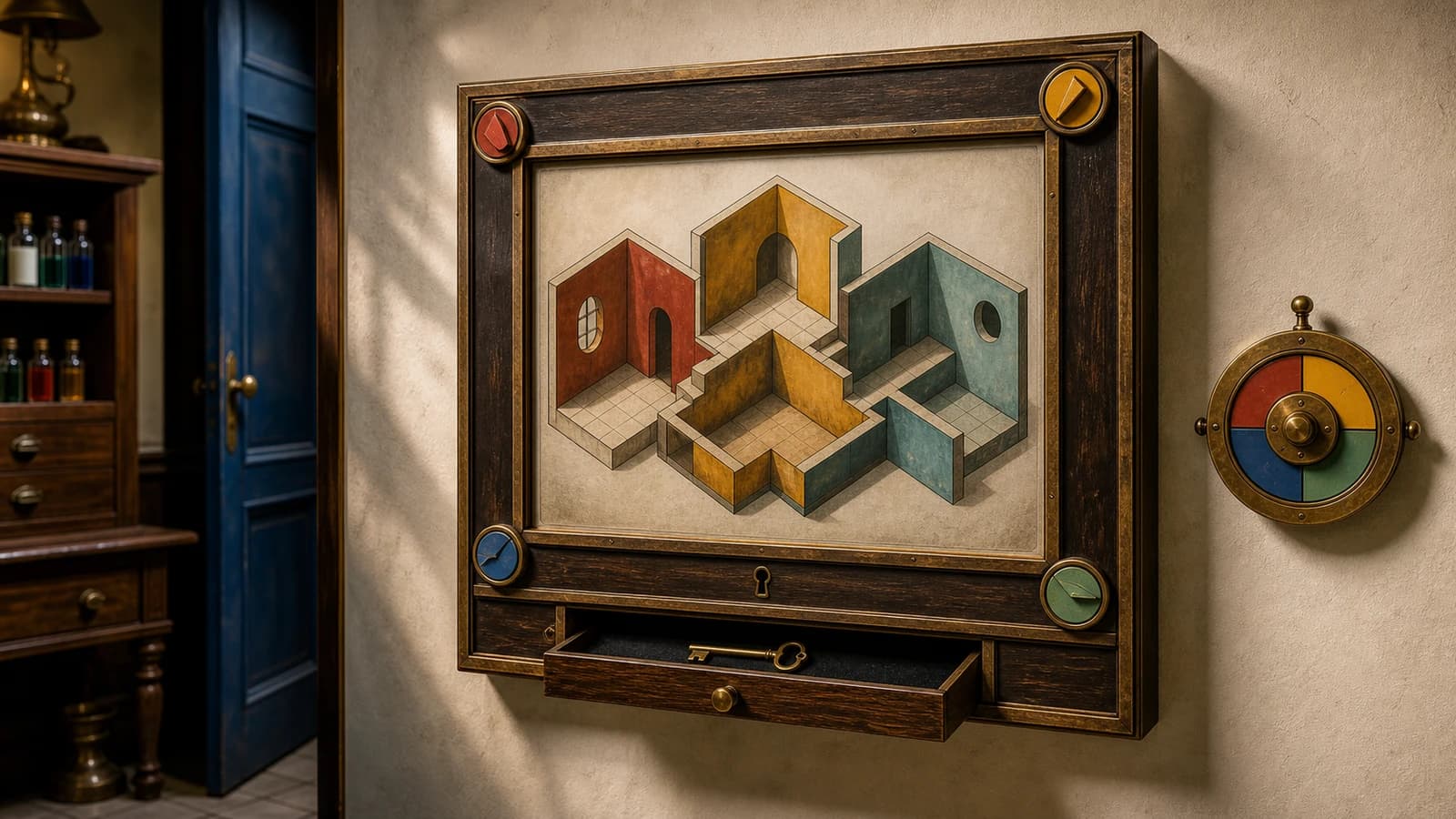 A framed architectural room puzzle with four rotating corner dials, a built-in keyhole, concealed key drawer, and related wall dial.