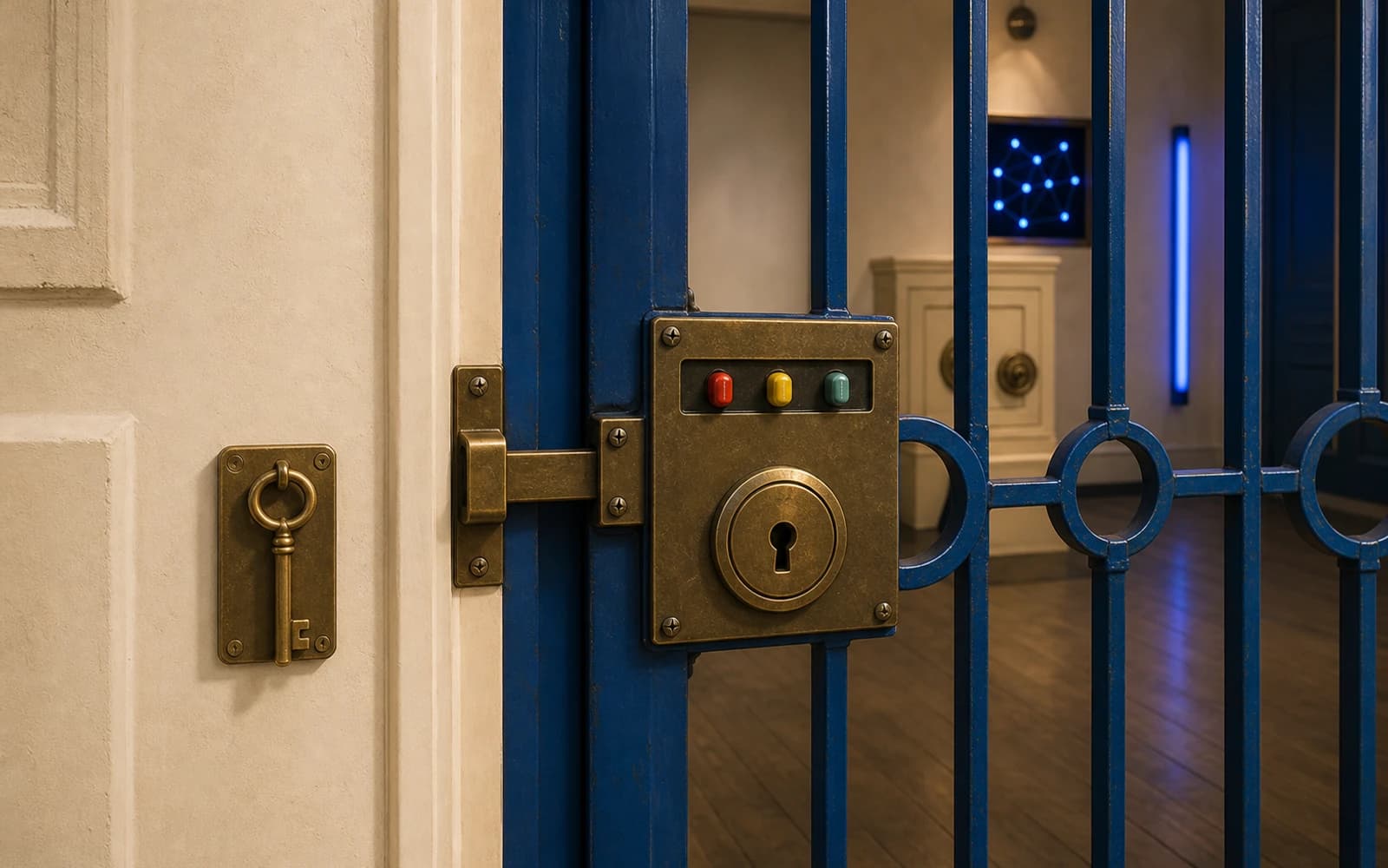 A cobalt iron escape-room gate with a physically mounted brass bolt, keyed lock, color sequence, clipped skeleton key, and puzzle chamber beyond.