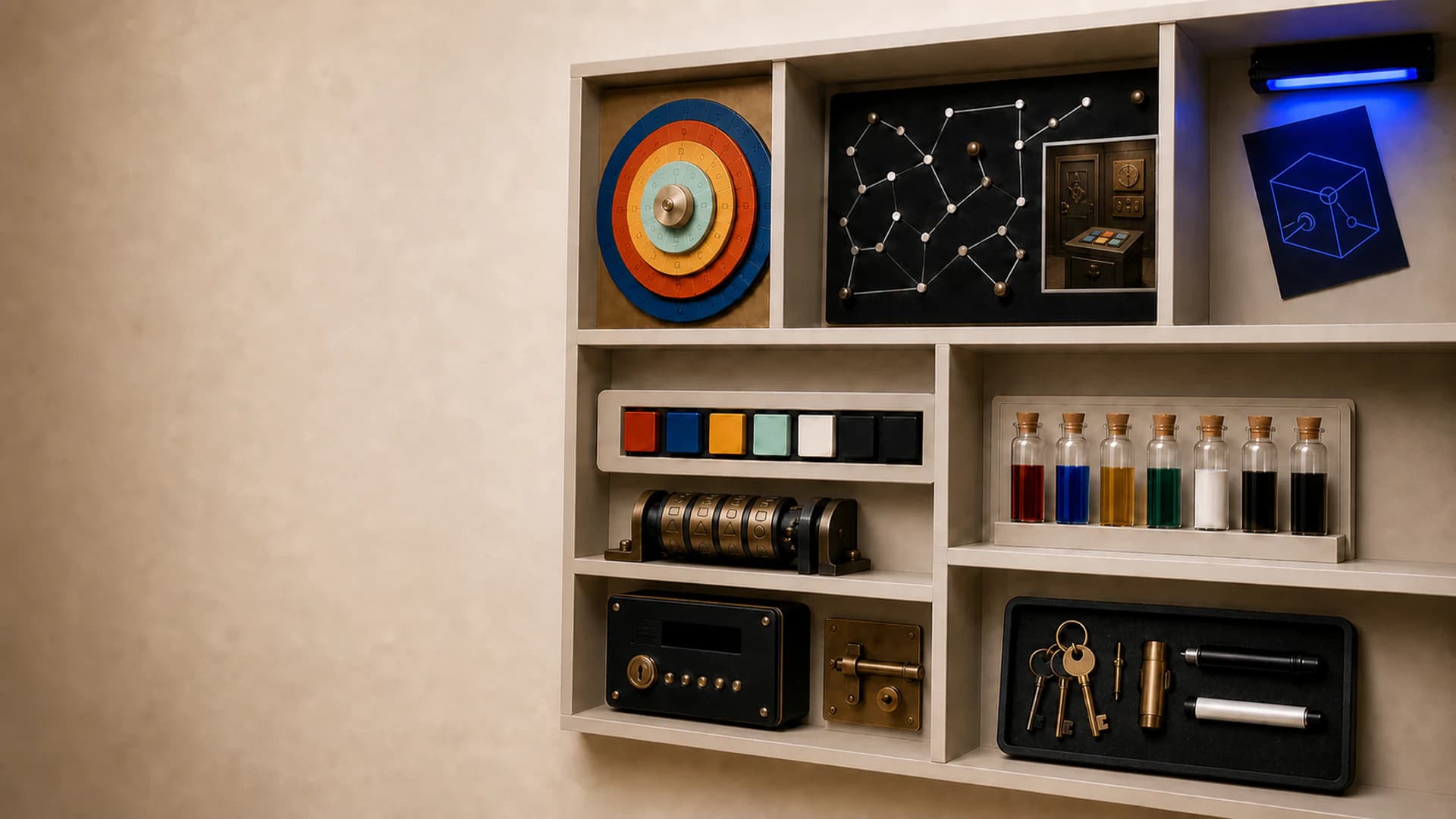 A wide people-free escape-room clue cabinet with a cipher, clue routes, UV reveal, color sequence, vials, combination lock, keys, and reset tools beside an open paper field