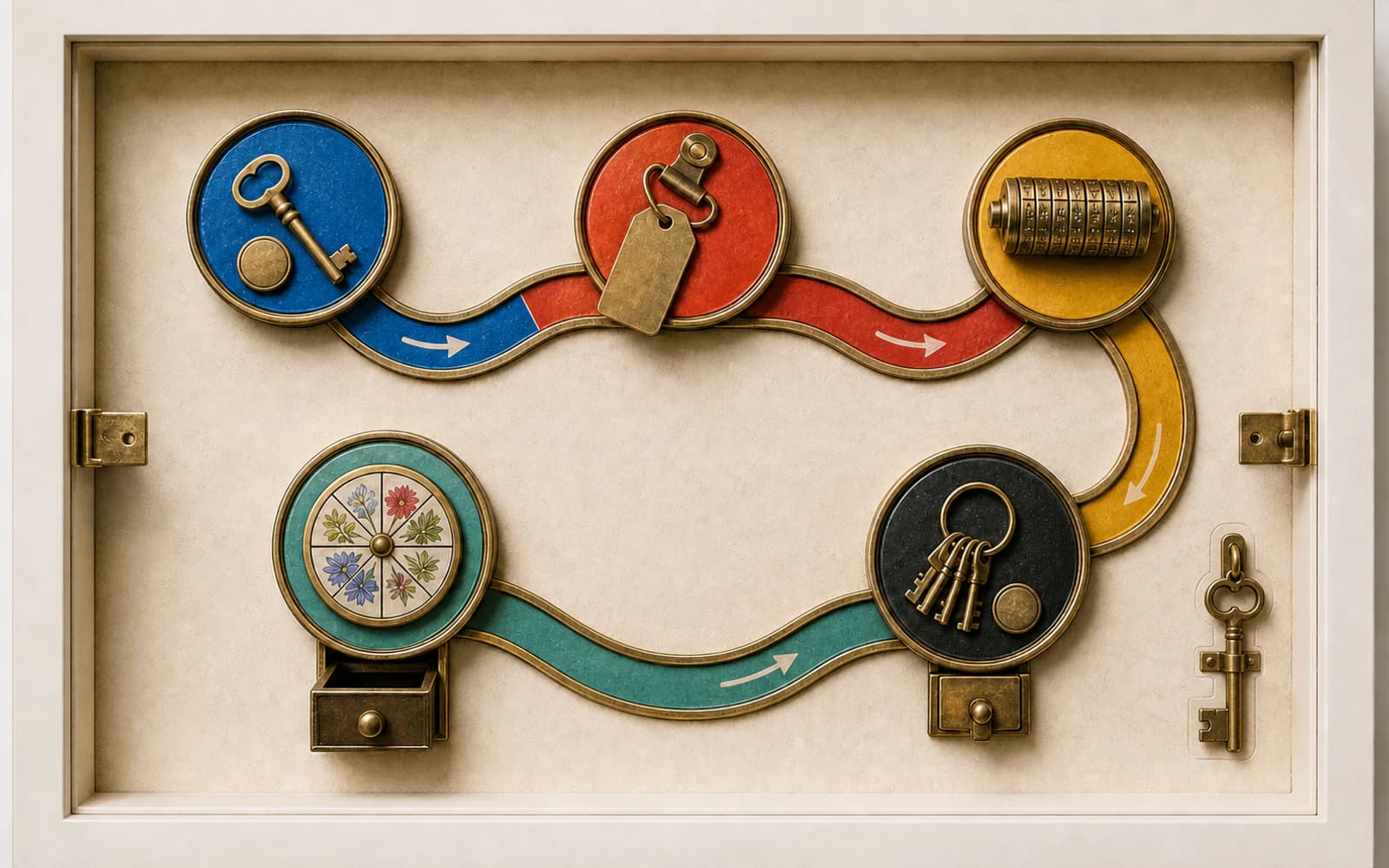 A physical escape-room route puzzle connects five colored stations with keys, tokens, a letter cylinder, botanical dial, drawers, and latches.