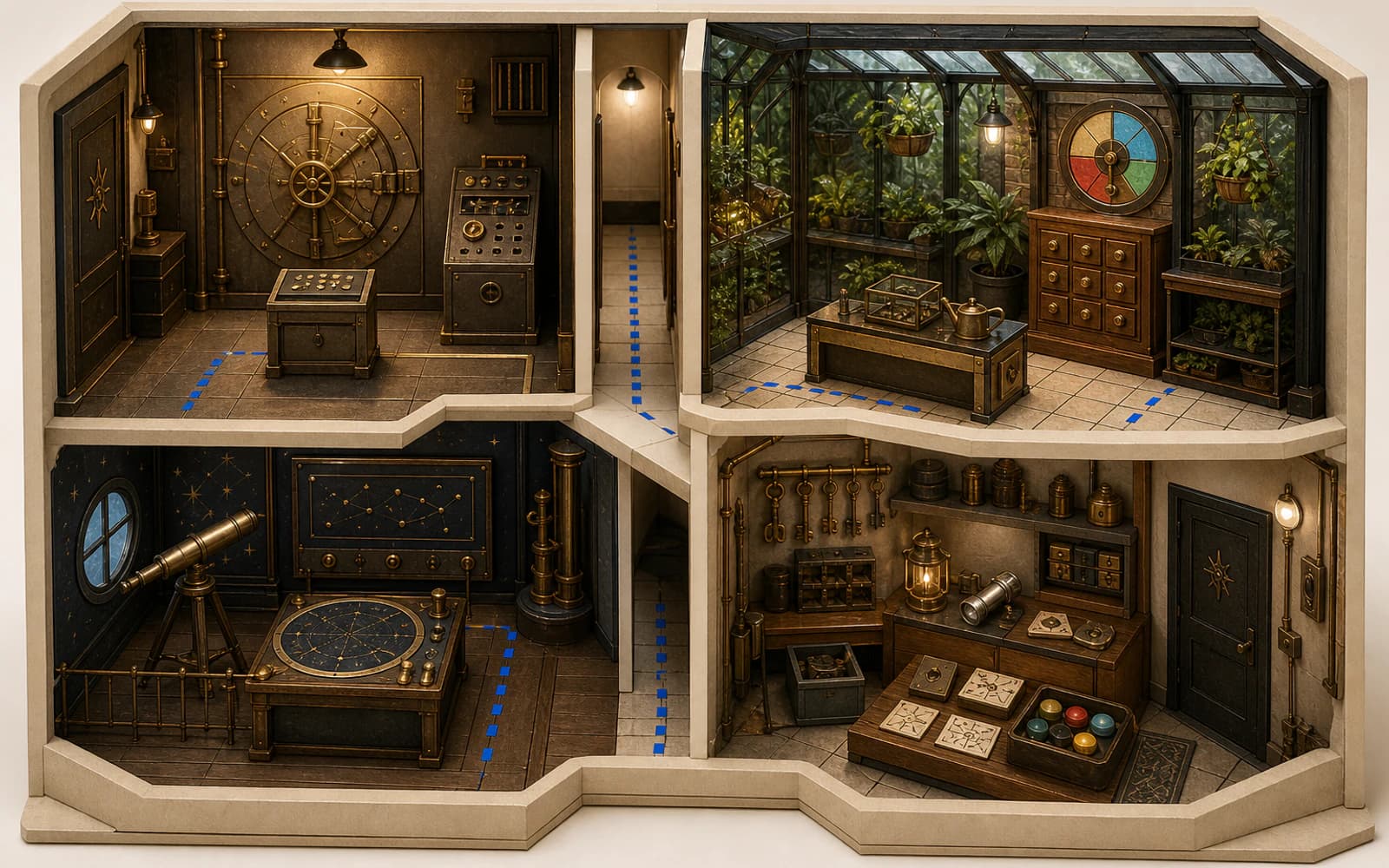 A people-free architectural model connects a vault room, botanical room, observatory, and reset workshop.