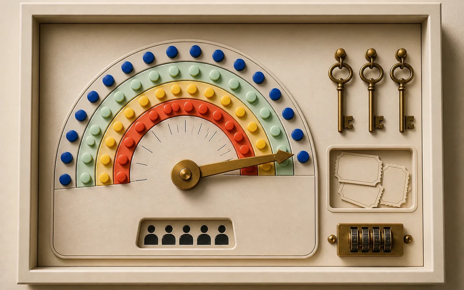 A people-free escape-room pricing mechanism combines a brass demand dial, colored capacity tokens, room keys, blank session tickets, and a combination lock.