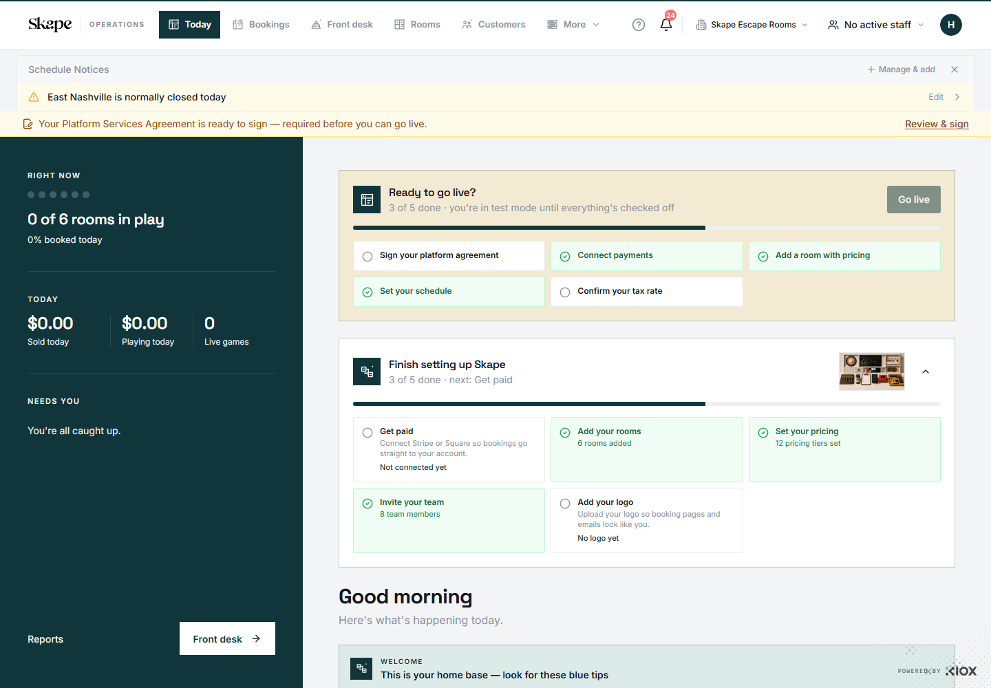 The confirmed Skape demo dashboard and launch checklist