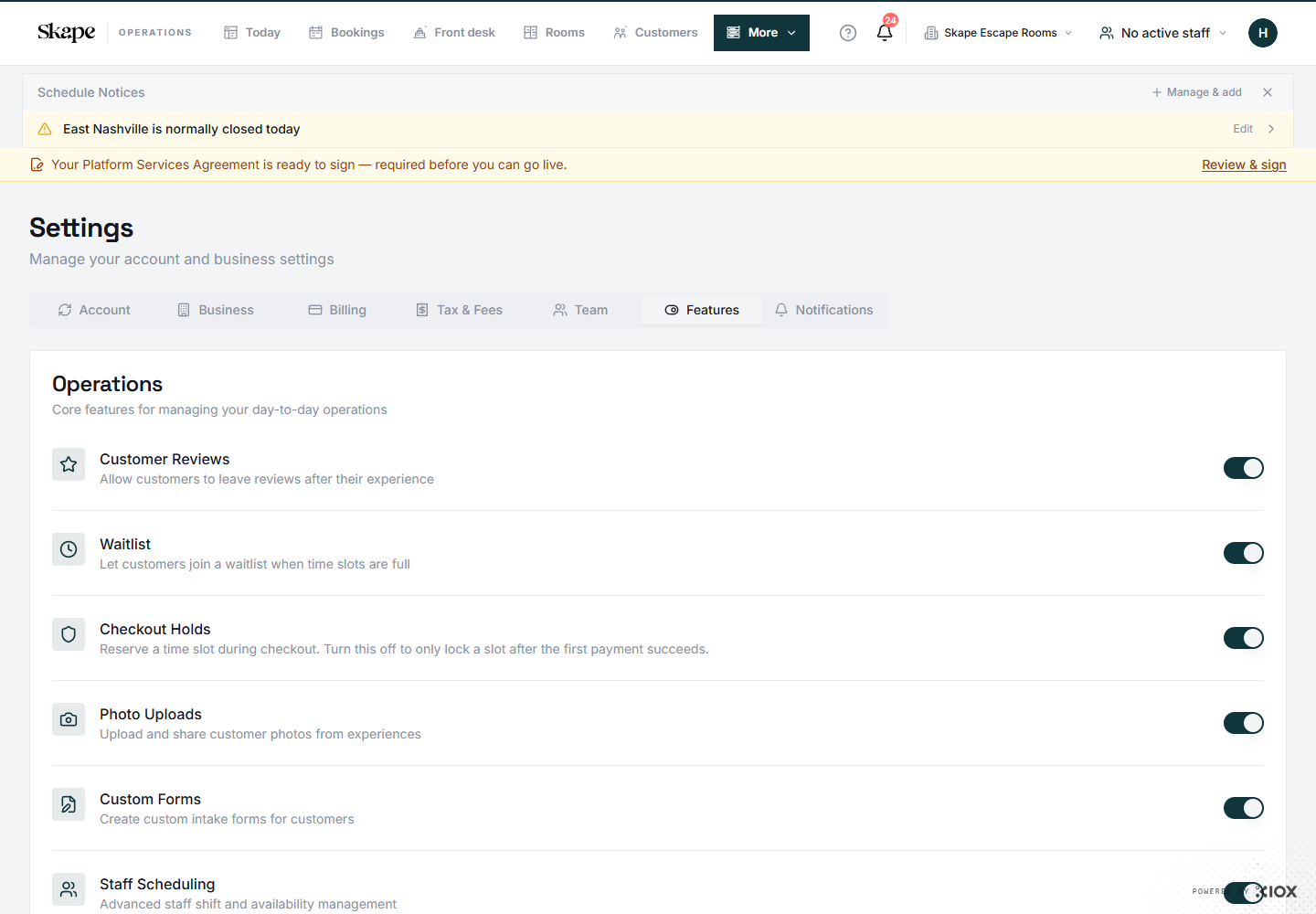 Feature settings in the Skape demo tenant