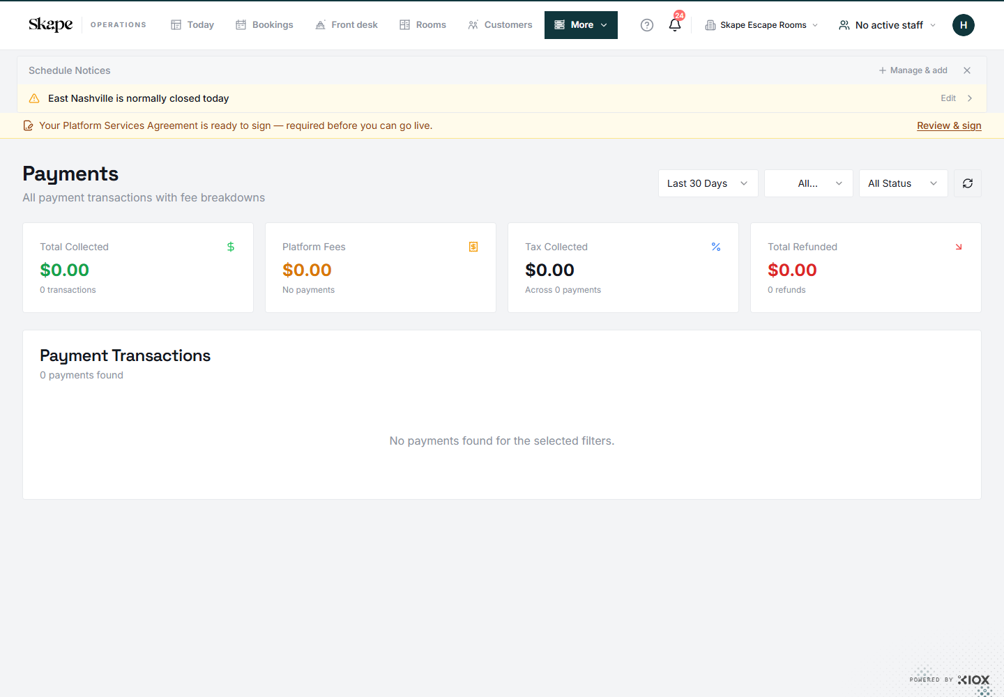 Payments and fee totals in the Skape demo venue