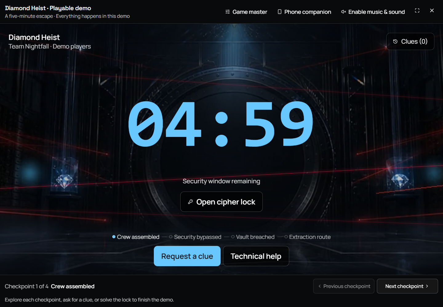 Skape’s public room-screen rehearsal with timer and game controls