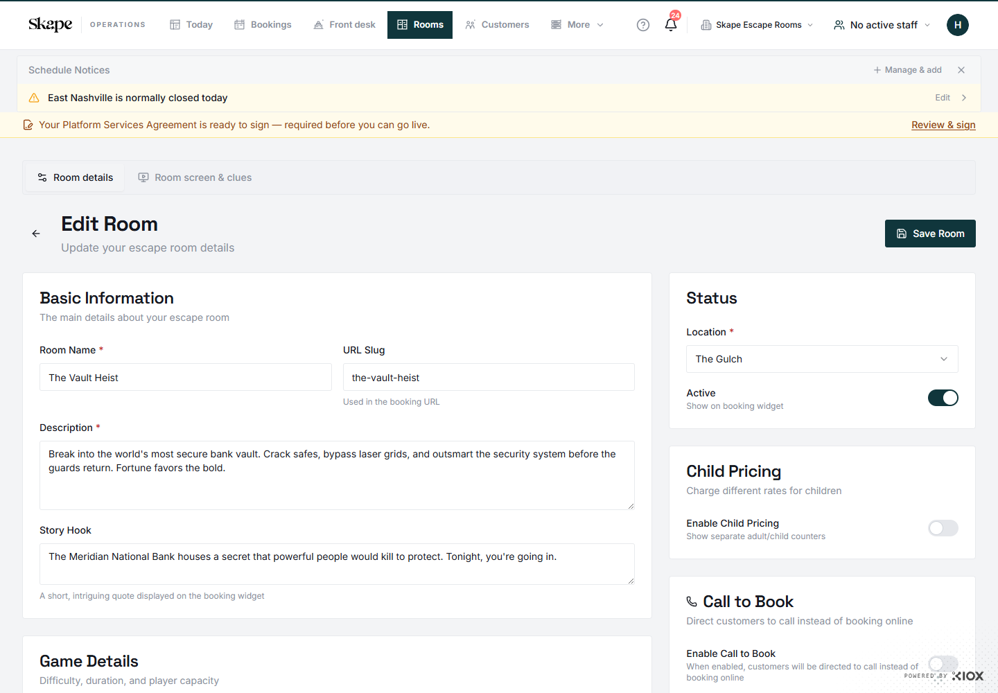 Room management in the Skape demo tenant