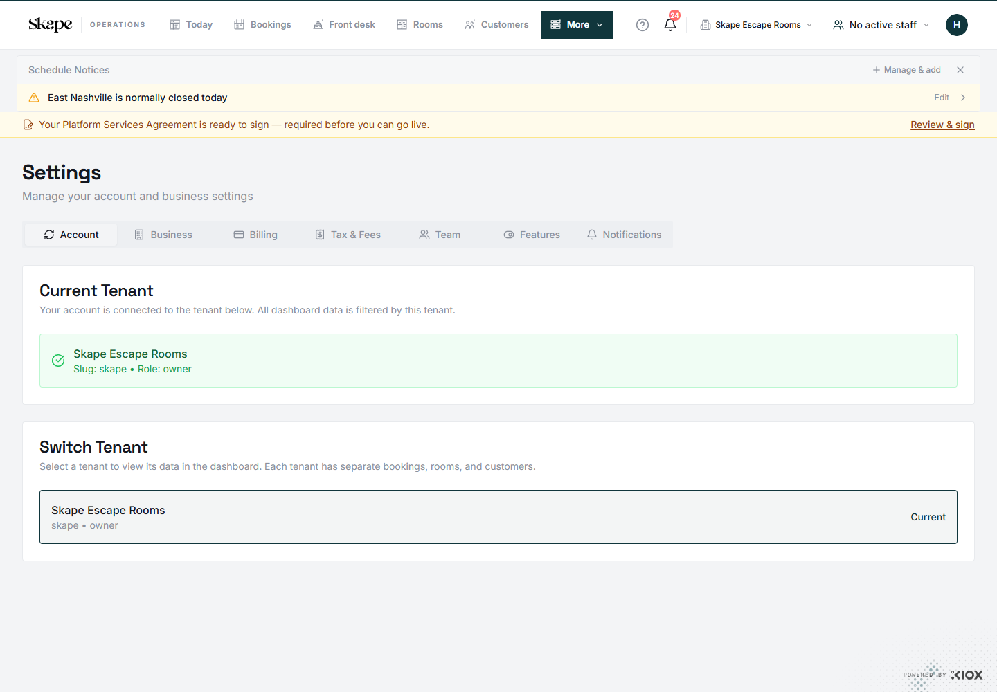 The active demo location and role in account settings