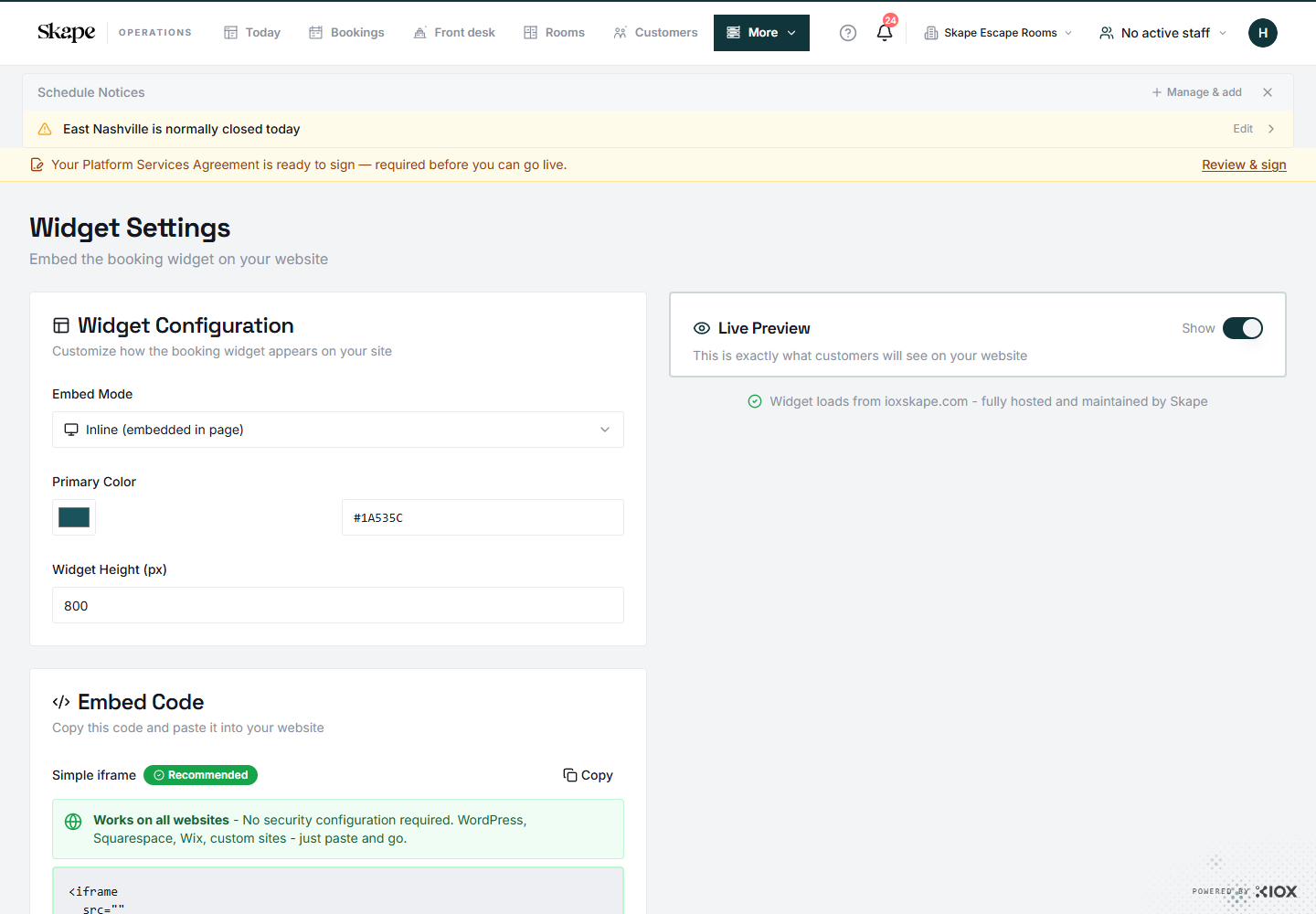 The demo venue’s widget configuration and embed-code area